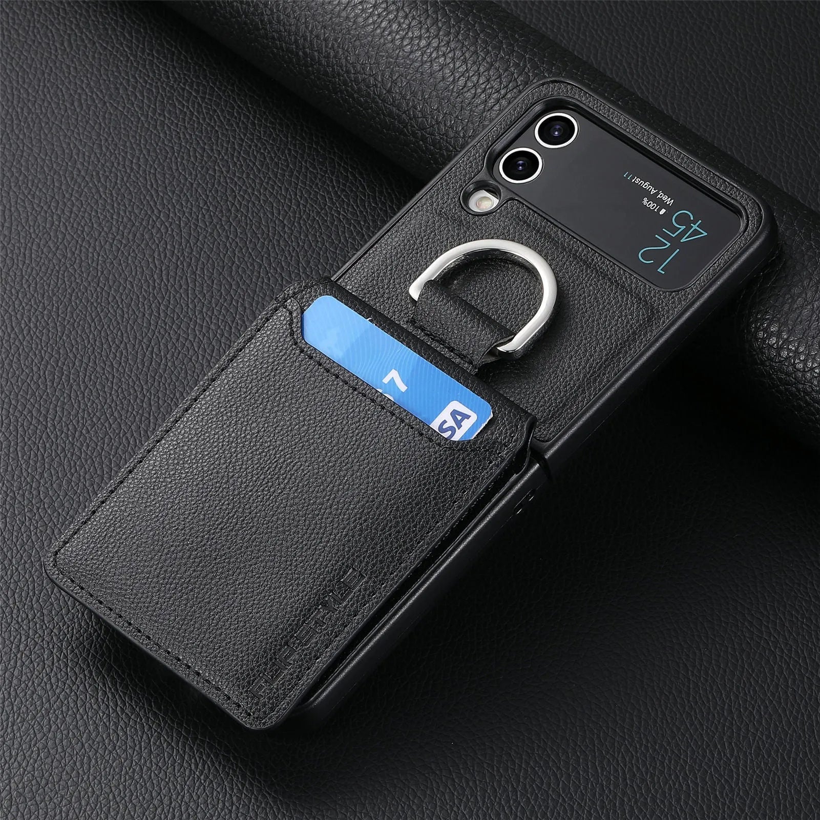 Samsung Z Flip phone case in black with ring bracket and magnetic back, shockproof PC design