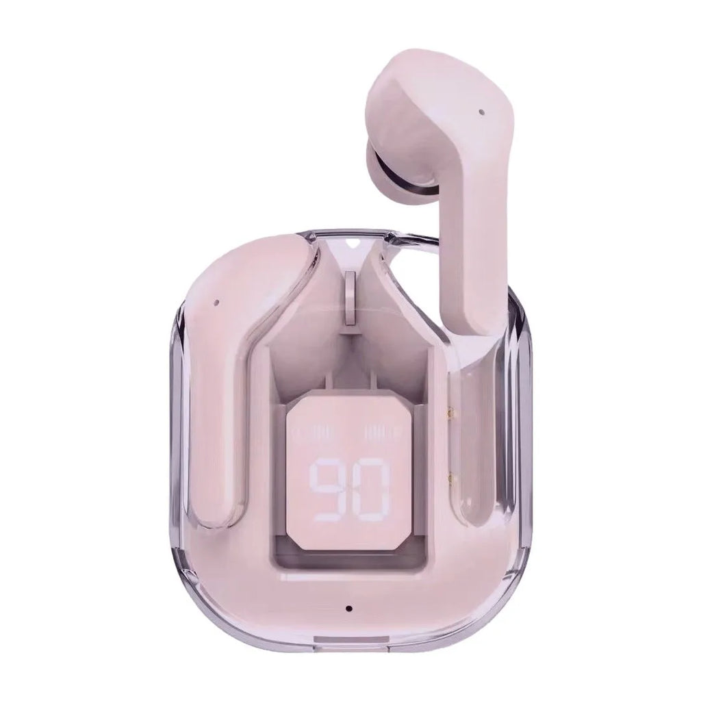 Transparent space capsule case showing true wireless Bluetooth earbuds with digital battery display