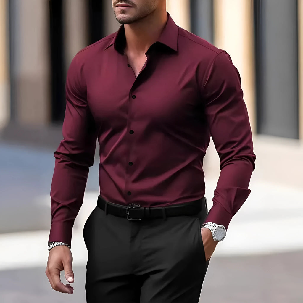 Men's long sleeve velvet button down business shirt in solid colour, summer casual vacation top