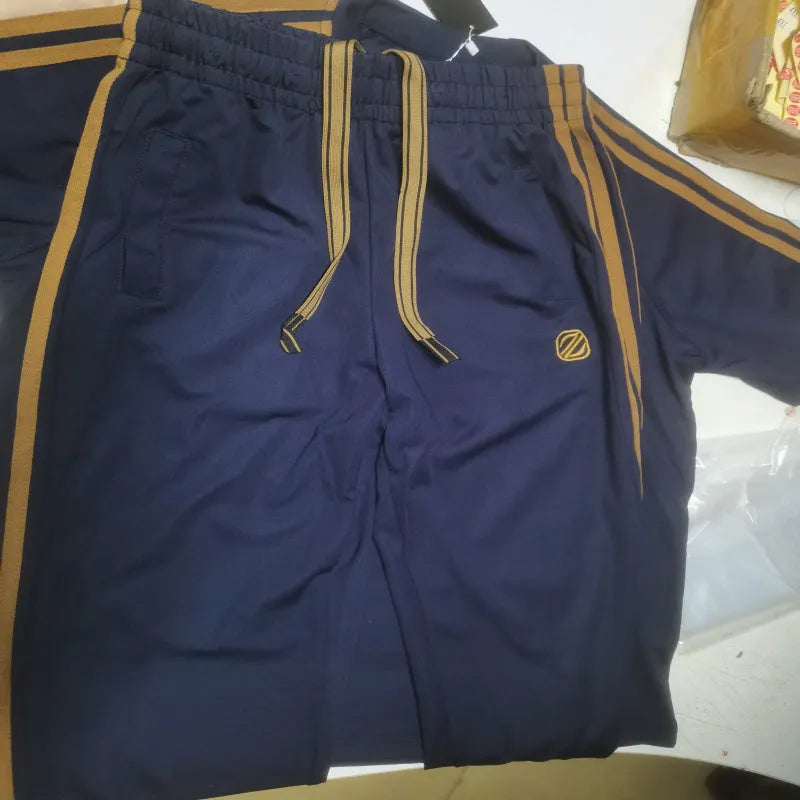 Men's blue short sleeve polyester suit with separate top and trousers for sports wear
