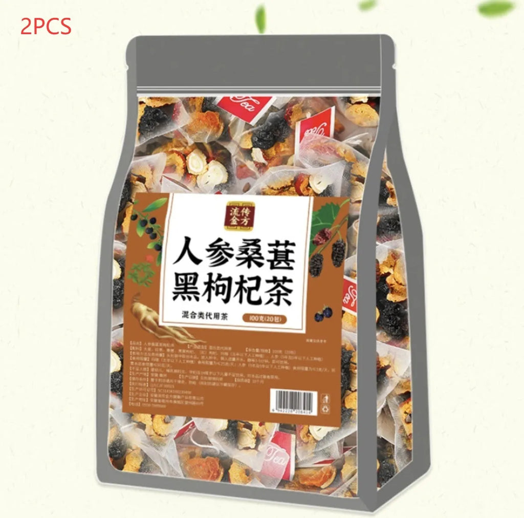 Sealed bag of Ginseng Black Wolfberry Tea containing 40 individual 5g tea bags.