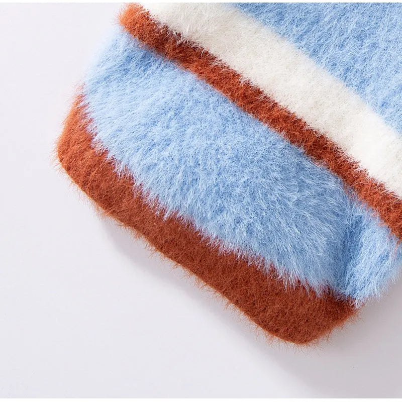 Polo collar pet cardigan for small dogs, soft striped knitted fabric, two-legged design, blue and brown stripes