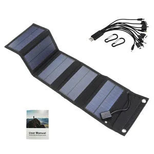 Folding solar panel charger in compact bag form with USB output port for outdoor camping use