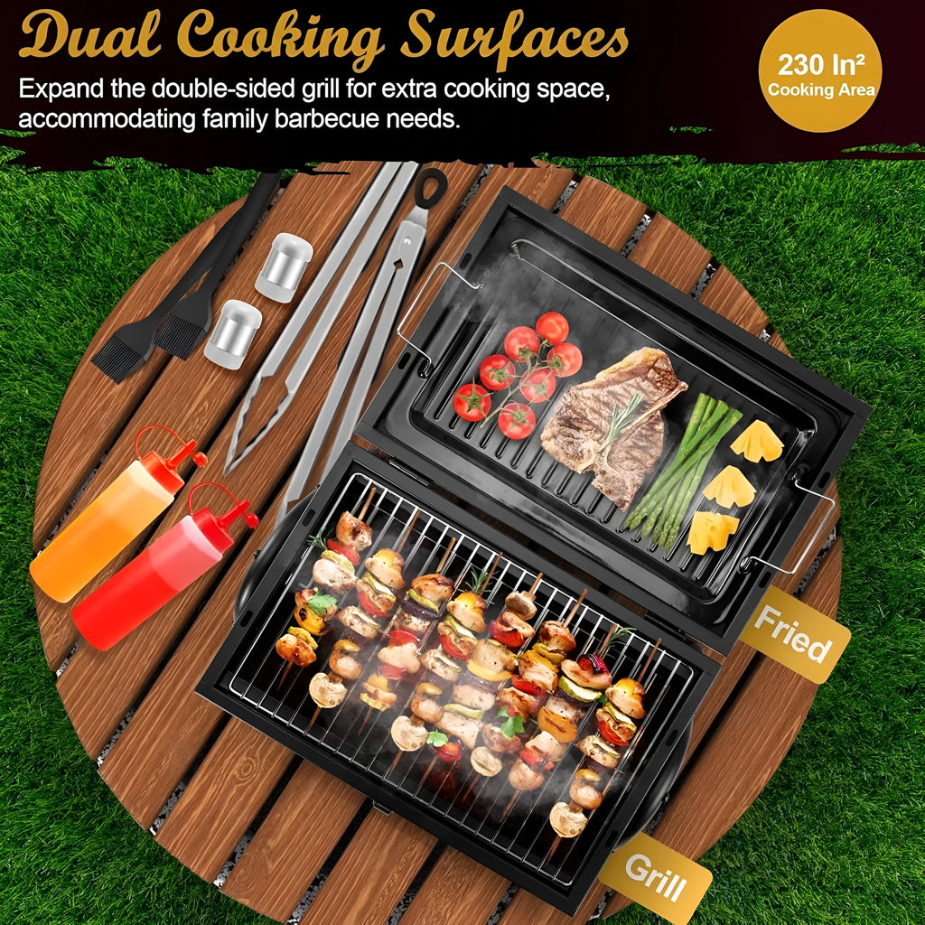 Small folding desktop charcoal barbecue grill showing portable design