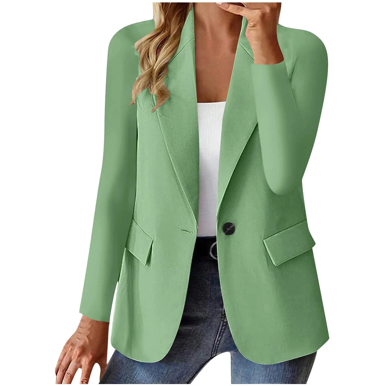 Women's slim fit long sleeve solid color cardigan jacket with pockets in black, front view