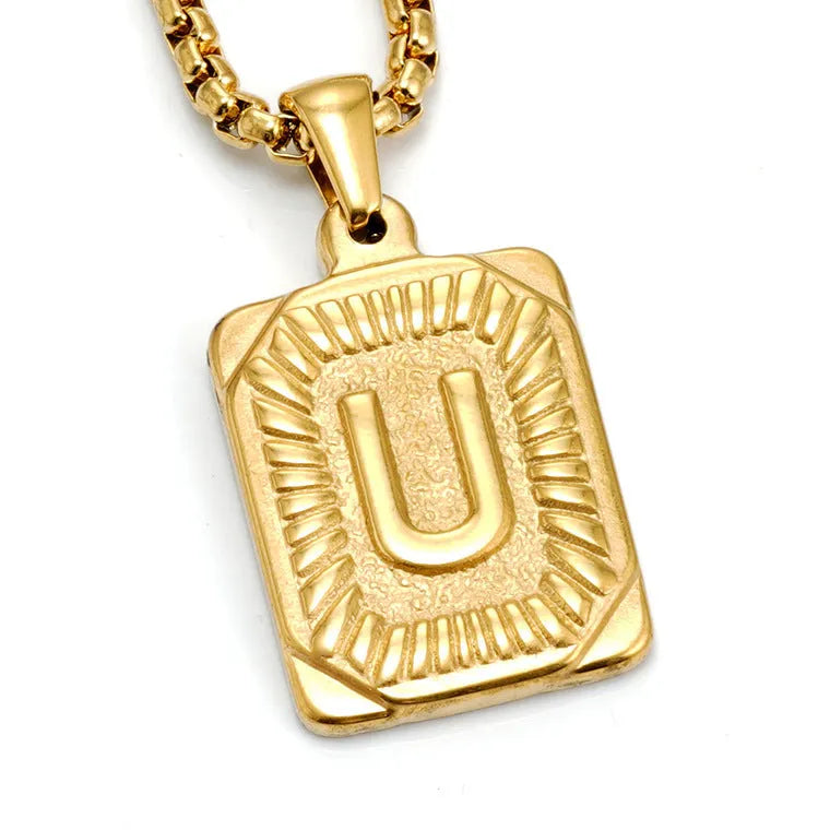 Gold-plated 18K titanium steel letter pendant necklace with pearl chain, gold colour, unisex design