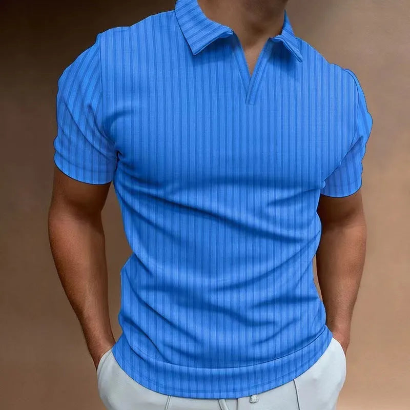 Men's striped V-neck polo shirt in cotton blend fabric for summer sports wear
