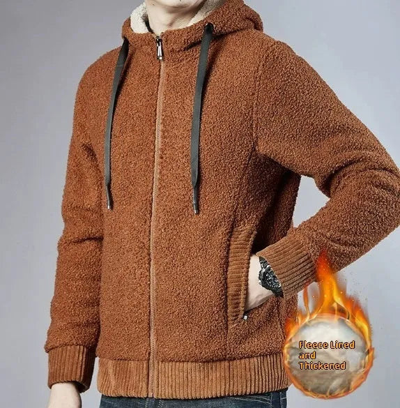Men's zipper hooded fleece cardigan in black, front view, thick fabric for winter warmth