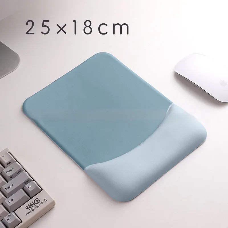 Square silica gel wrister mouse pad with cloth surface showing colour options including black, blue, pink and purple
