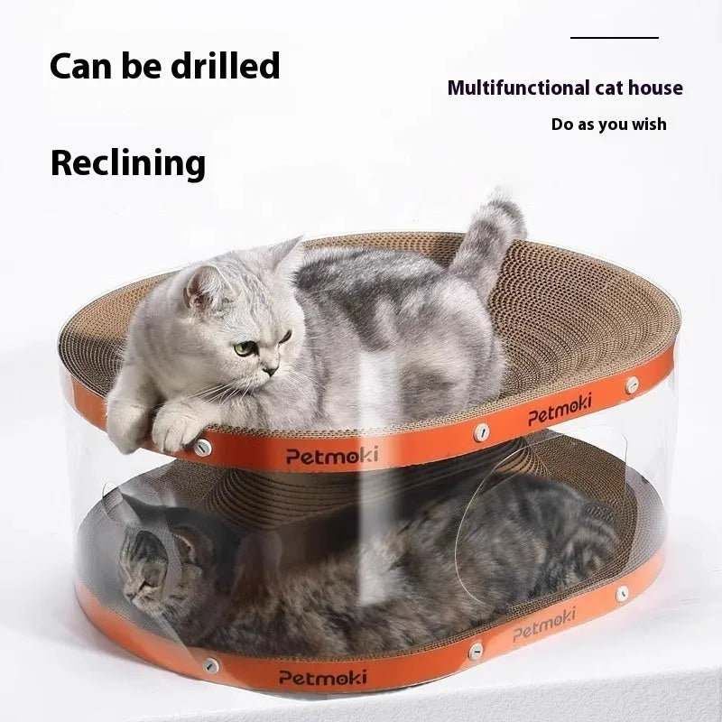 White transparent diamond pattern PVC tunnel and corrugated board cat scratch nest
