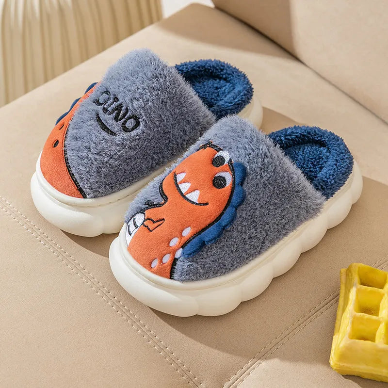 Cotton plush couple slippers with dinosaur themes in coffee, grey and orange colours