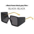 Large square frame sunglasses showing seven colour options including black, blue, champagne, orange, green, white and hawksbill