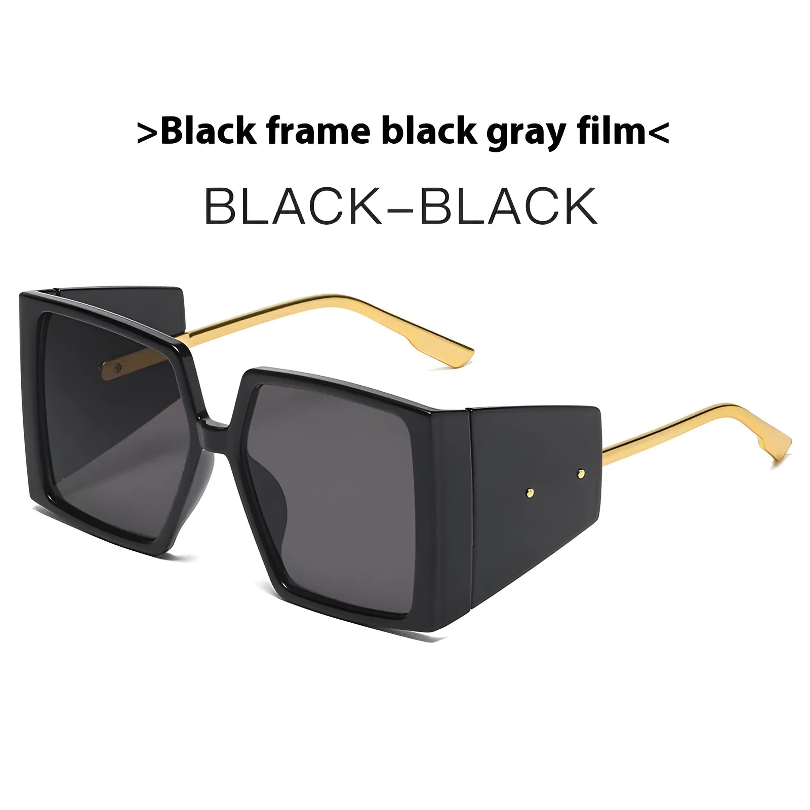 Large square frame sunglasses showing seven colour options including black, blue, champagne, orange, green, white and hawksbill