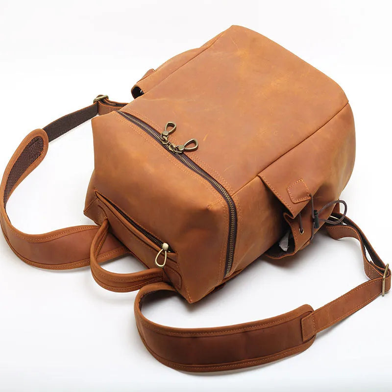 Classic retro backpack in brown Crazy Horse leather cowhide with multi-compartment and sewing thread detailing