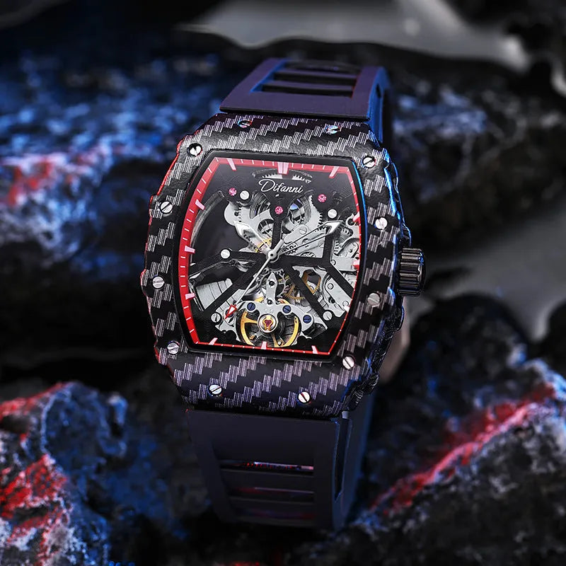 Mechanical men's waterproof watch with luminous dial on a coloured rubber strap