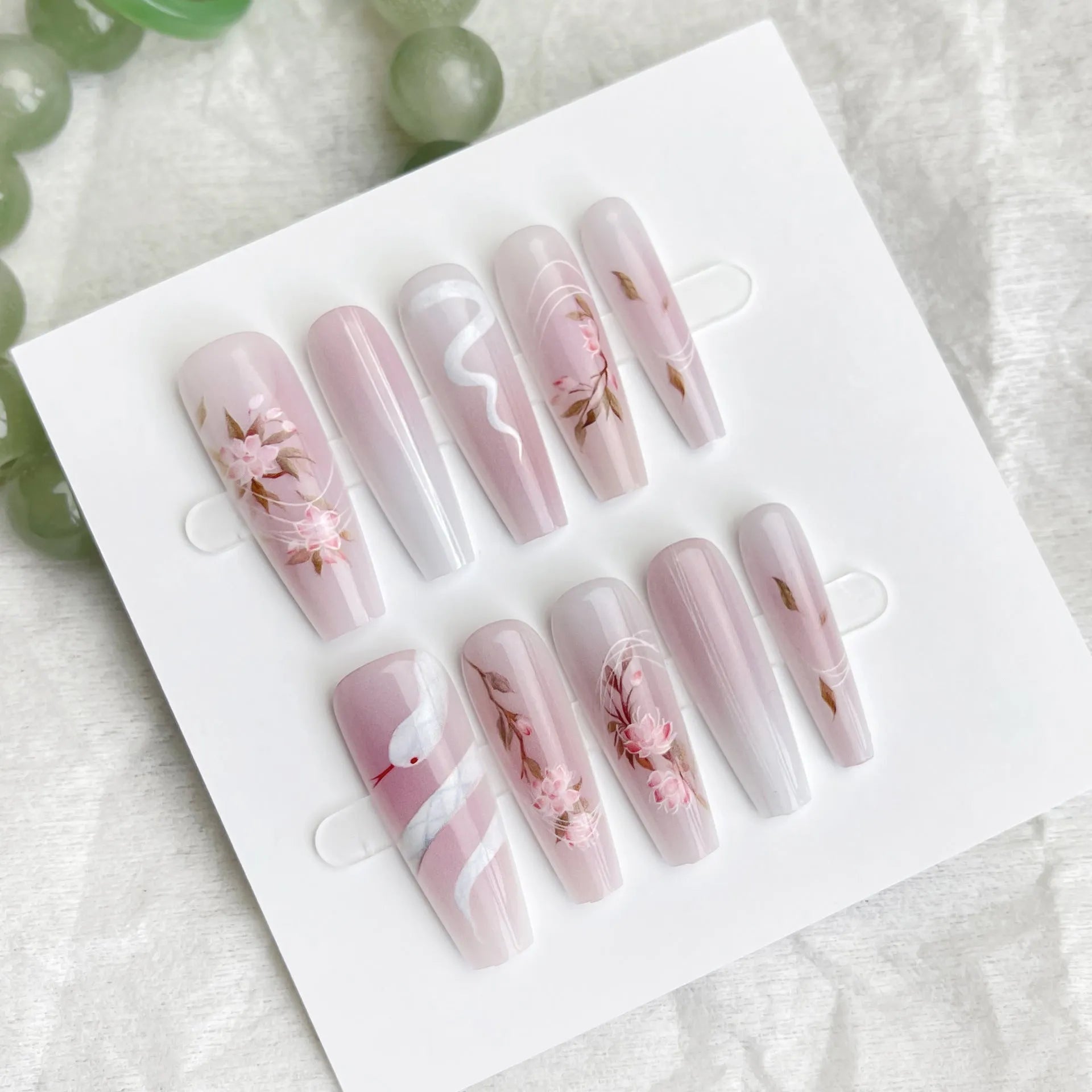 Ancient Chinese style snake year red prefabricated nail tips in drunk among flowers colour, 40 pieces, ultra-thin seamless design