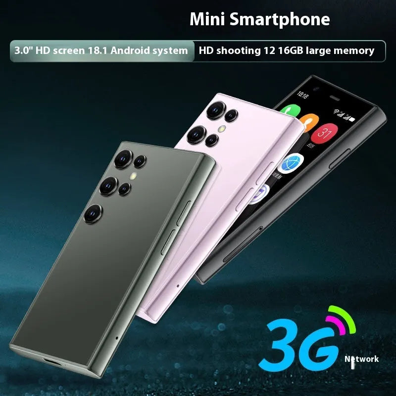 Black mini Android smartphone with 30cm screen showing home screen interface