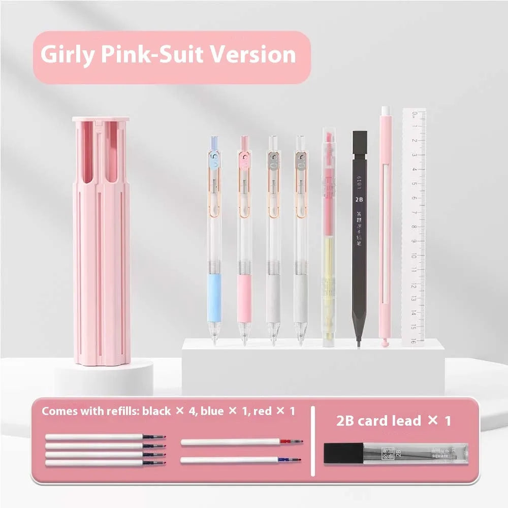 Plastic six pens pencil box kit with pressing pen in Sky Blue, White, or Pink colours.