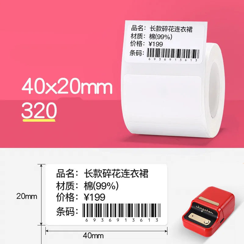 Thermal barcode paper labels with protective film on a roll, multiple size options from 30mm to 80mm, direct thermal printing.