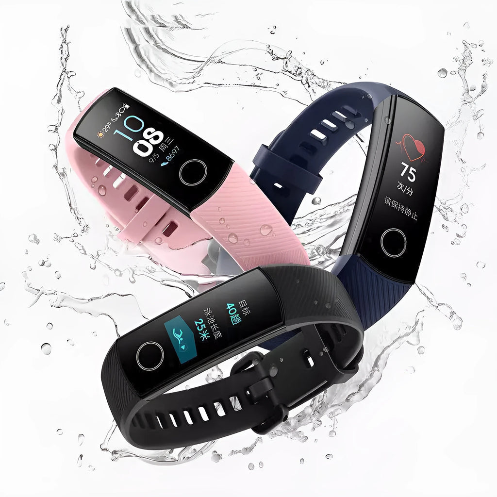 Silicone waterproof swimming heart rate sleep bracelet in black, blue, and pink with USB charger
