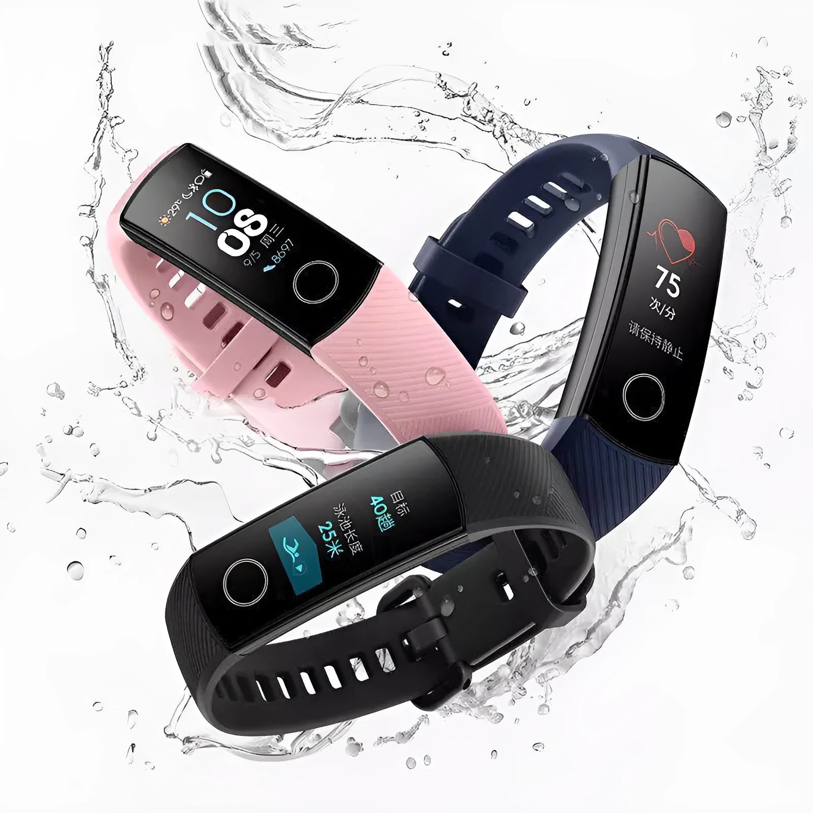 Silicone waterproof swimming heart rate sleep bracelet in black, blue, and pink with USB charger