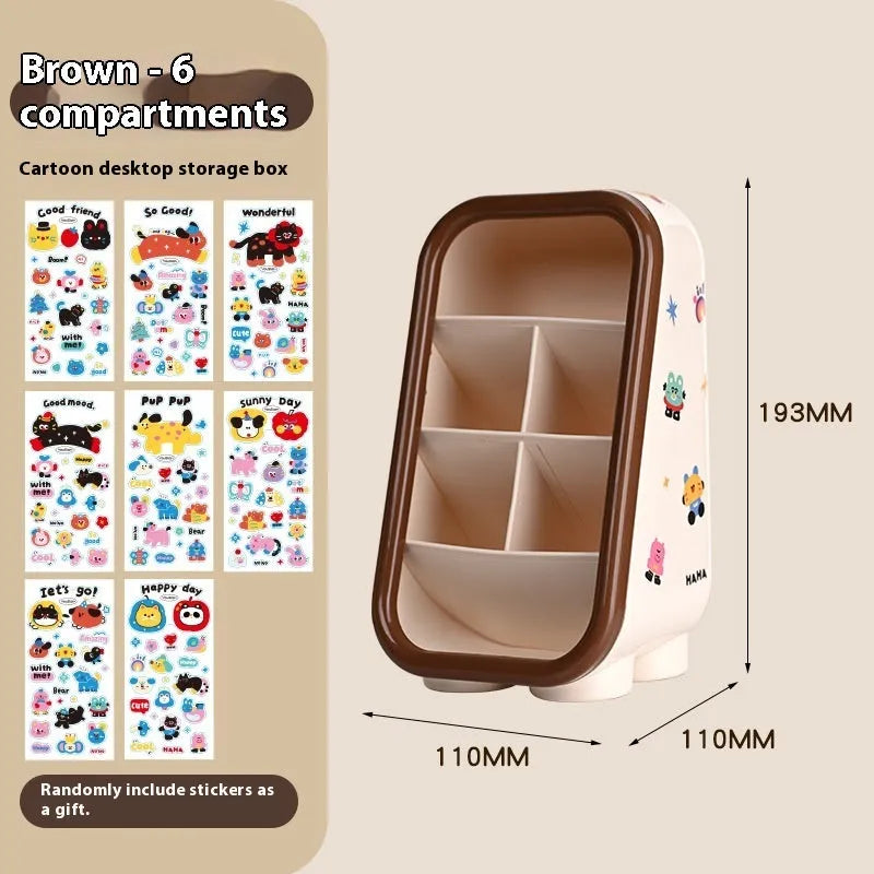 Cartoon-style red and brown plastic desktop storage organiser with 2L capacity and organisation stickers.