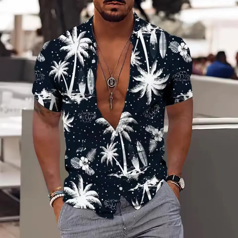 A man's loose-fitting short sleeve cardigan-style top with a colourful floral print.