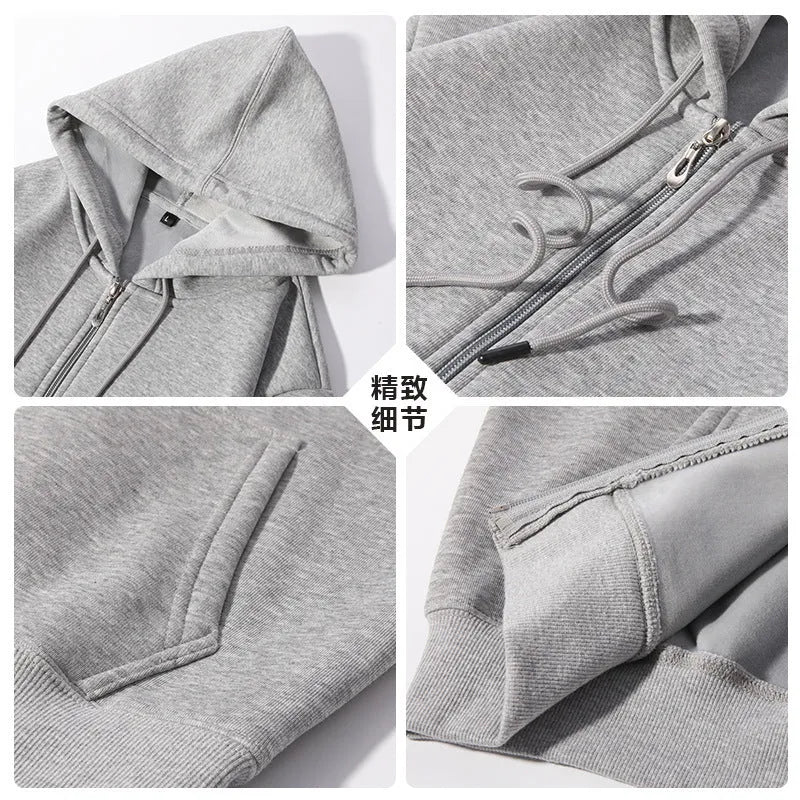 Man wearing a beige heavyweight cotton zip-up hooded cardigan with top-stitched pockets.