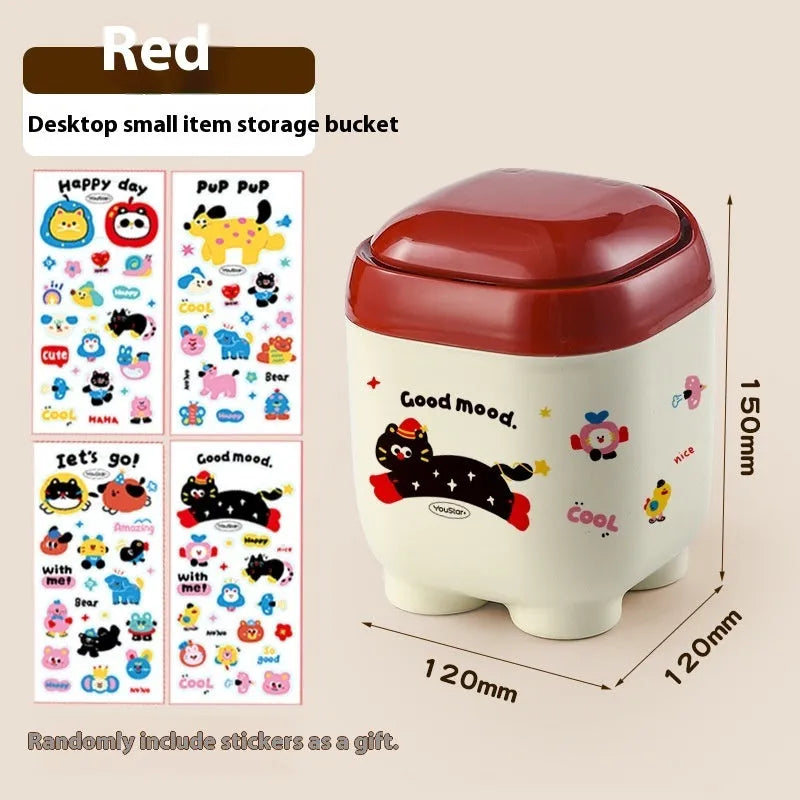Cartoon-style red and brown plastic desktop storage organiser with 2L capacity and organisation stickers.