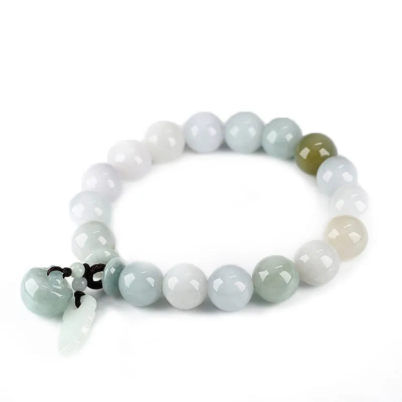 Natural green jade geometric bracelet with an adjustable chain and a hanging Maitreya Buddha charm.