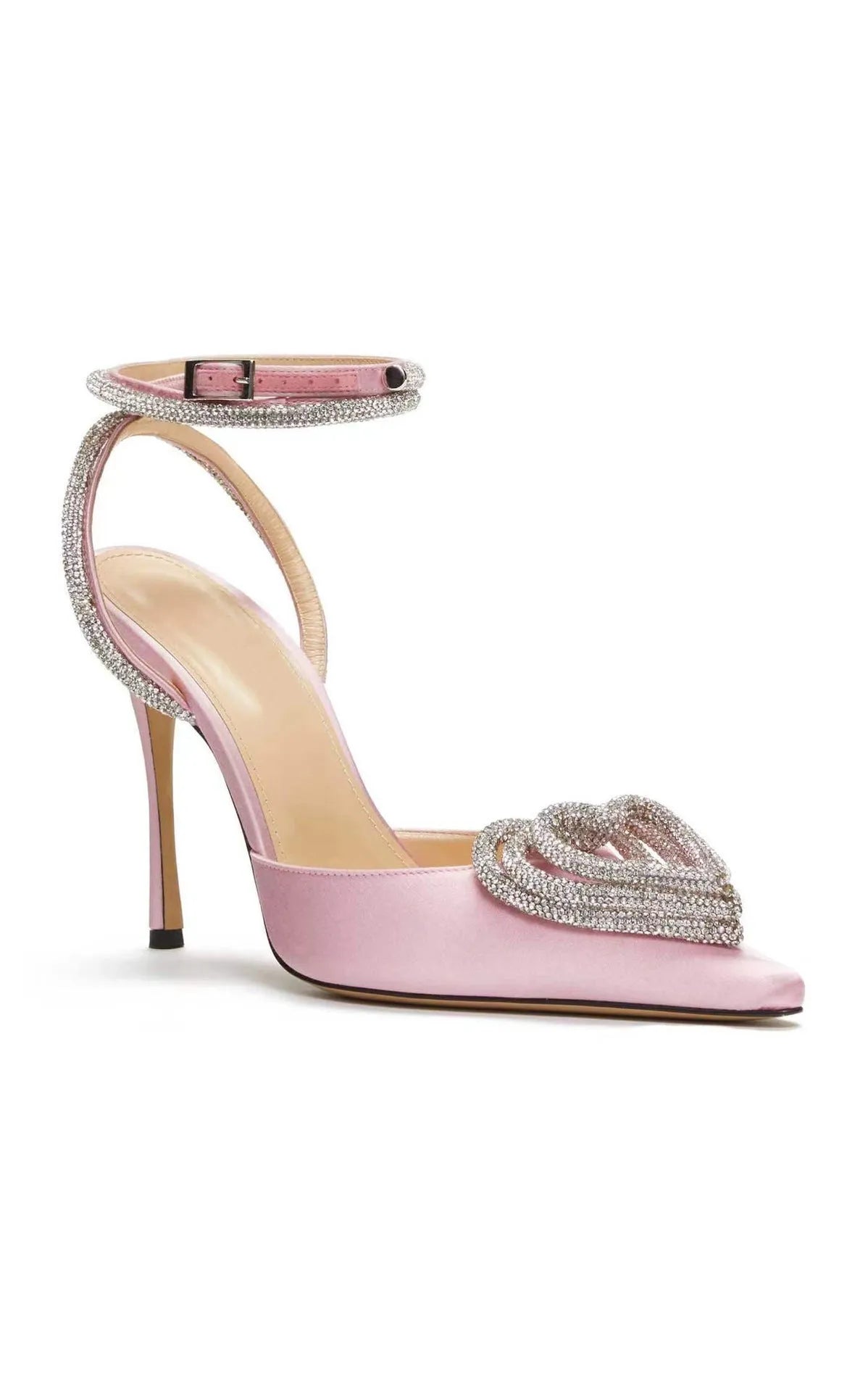 Women's pointed toe sandals with heart-shaped rhinestone decoration on satin upper with winding straps