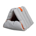 Blue triangular sofa-shaped cat nest with drilled holes for combination, showing removable cotton cover.