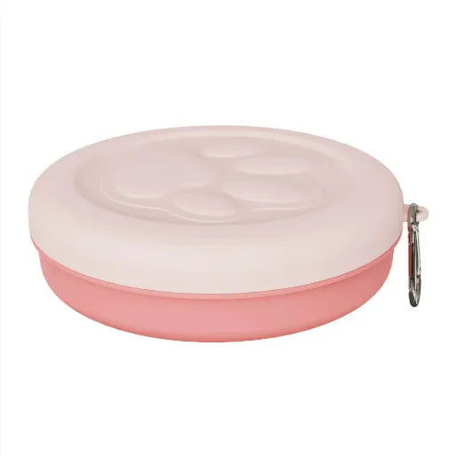 Portable outdoor dog food and water bowl in light pink or green, shown in L and S sizes.