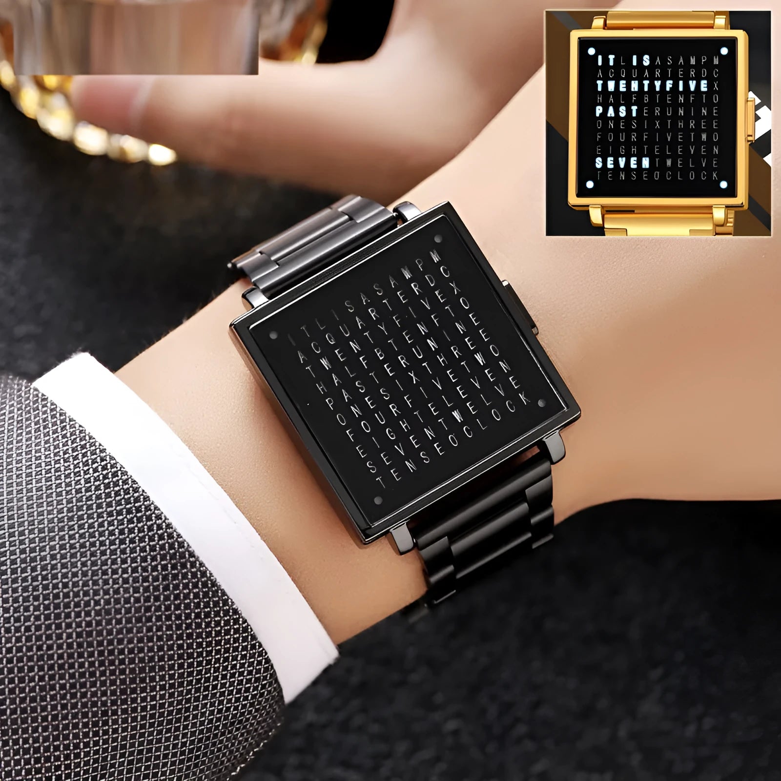 Fashion military digital wristwatch for men women with waterproof LED light and steel belt, black belt option shown