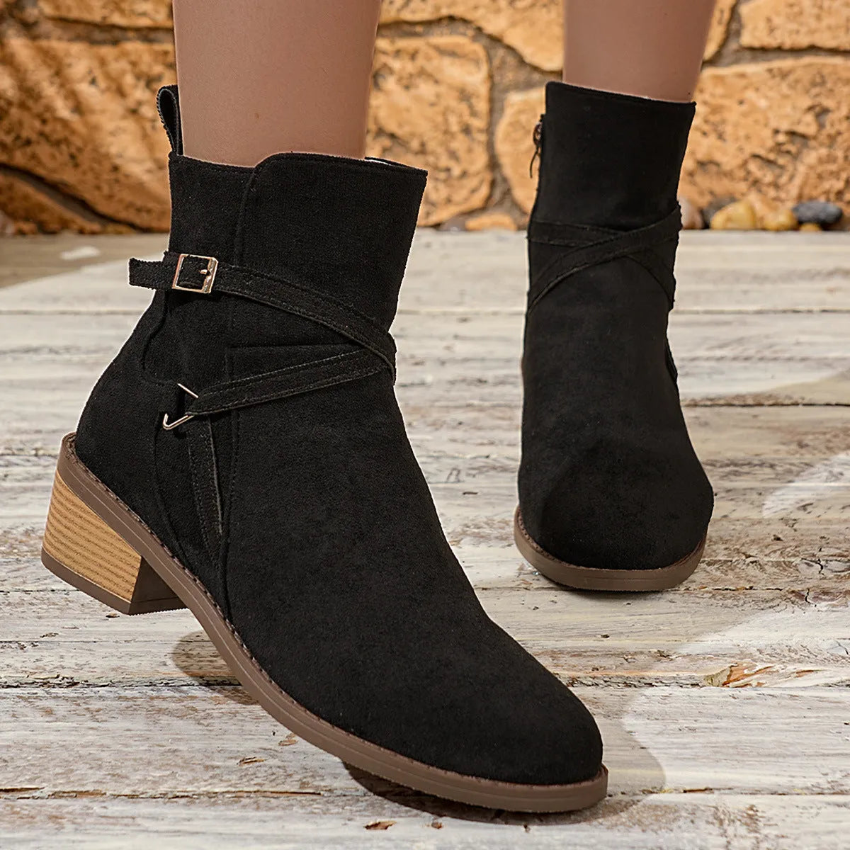 Women's suede ankle boots with cross-strap and side zipper, mid-heel, available in black and camel
