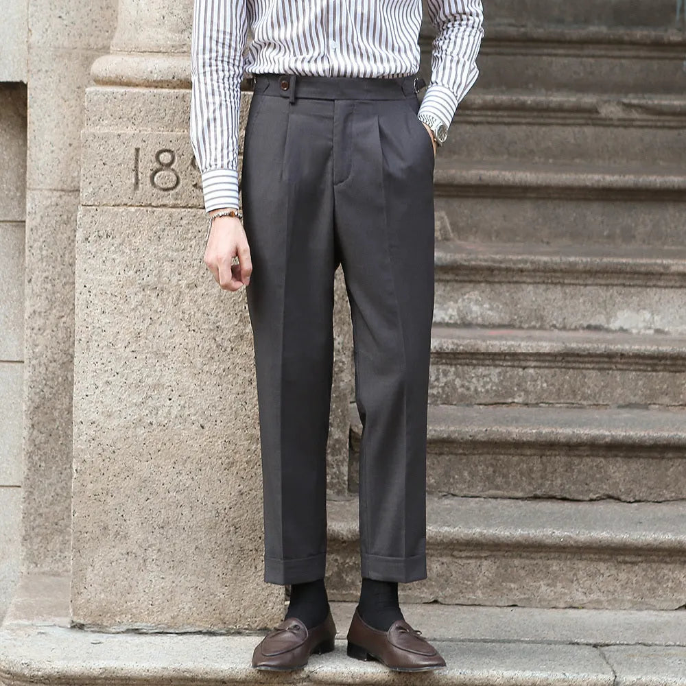 Men's retro straight-leg trousers in dark grey khaki with ironing finish