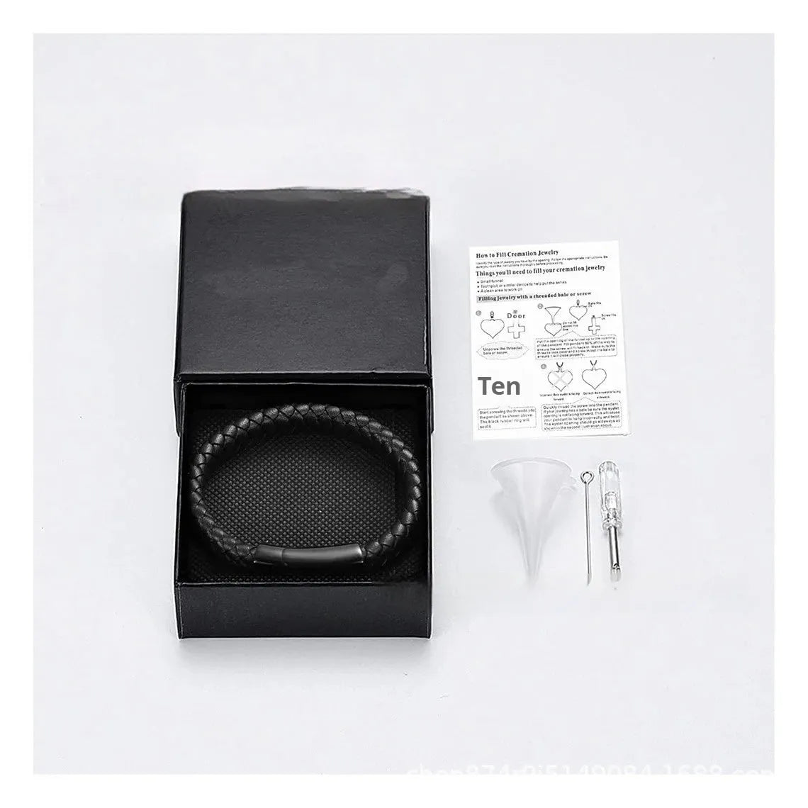 Black woven stainless steel cinerary bracelet with personalised text in gift box
