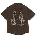 Brown striped outdoor shirt with Cuban collar and short sleeves for mountain camping