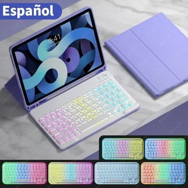 iPad in a colourful TPU leather case with a built-in luminous RGB backlit Bluetooth keyboard and stand open.