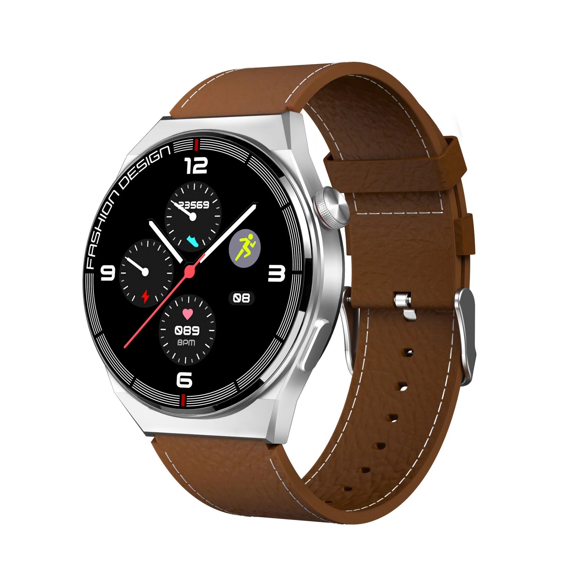 1.28-inch smartwatch showing health metrics on screen with silicone wrist strap