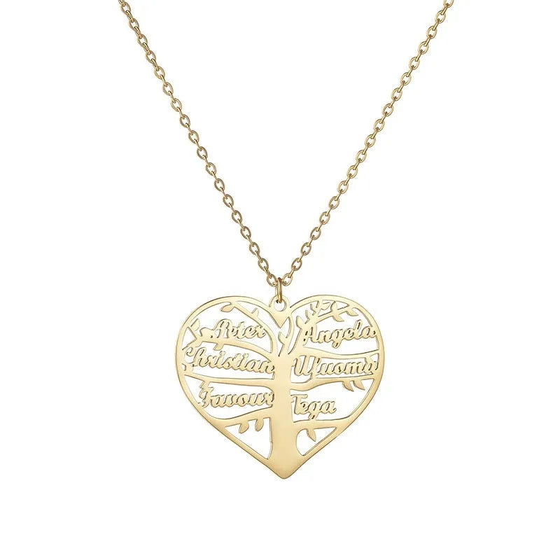 Personalised stainless steel necklace with hollow heart and lucky tree pendant showing custom name engraving