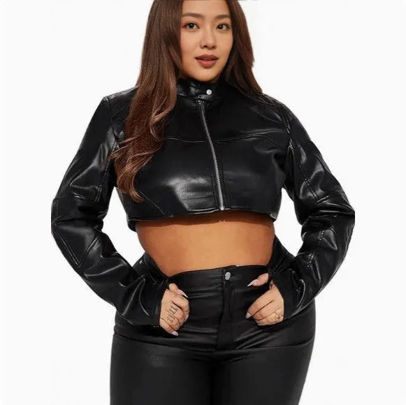 Women's cropped biker-style leather jacket in black with zipper details, slim fit, ultra-short length