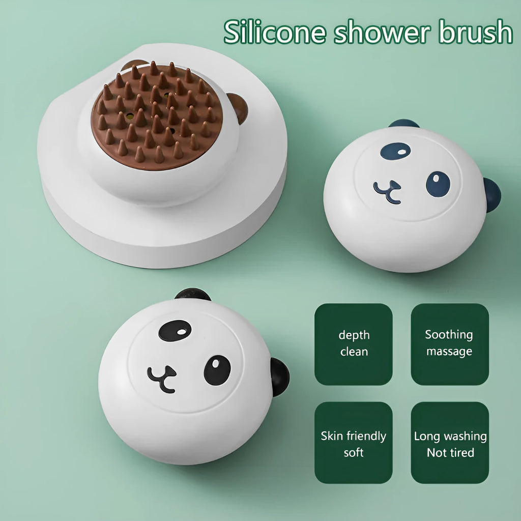 Panda-shaped silicone pet shower brush for bathing cats and dogs in blue.