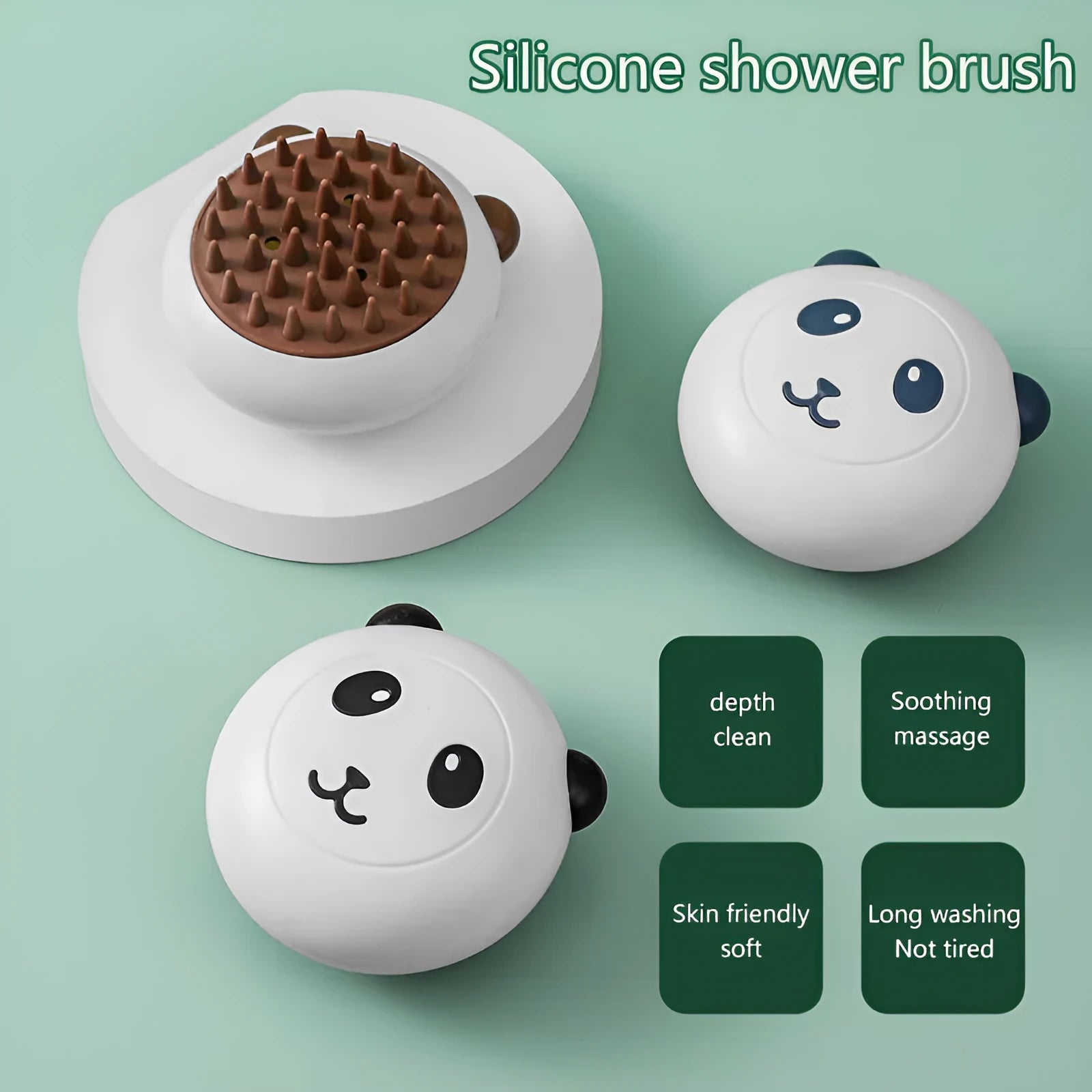 Panda-shaped silicone pet shower brush for bathing cats and dogs in blue.