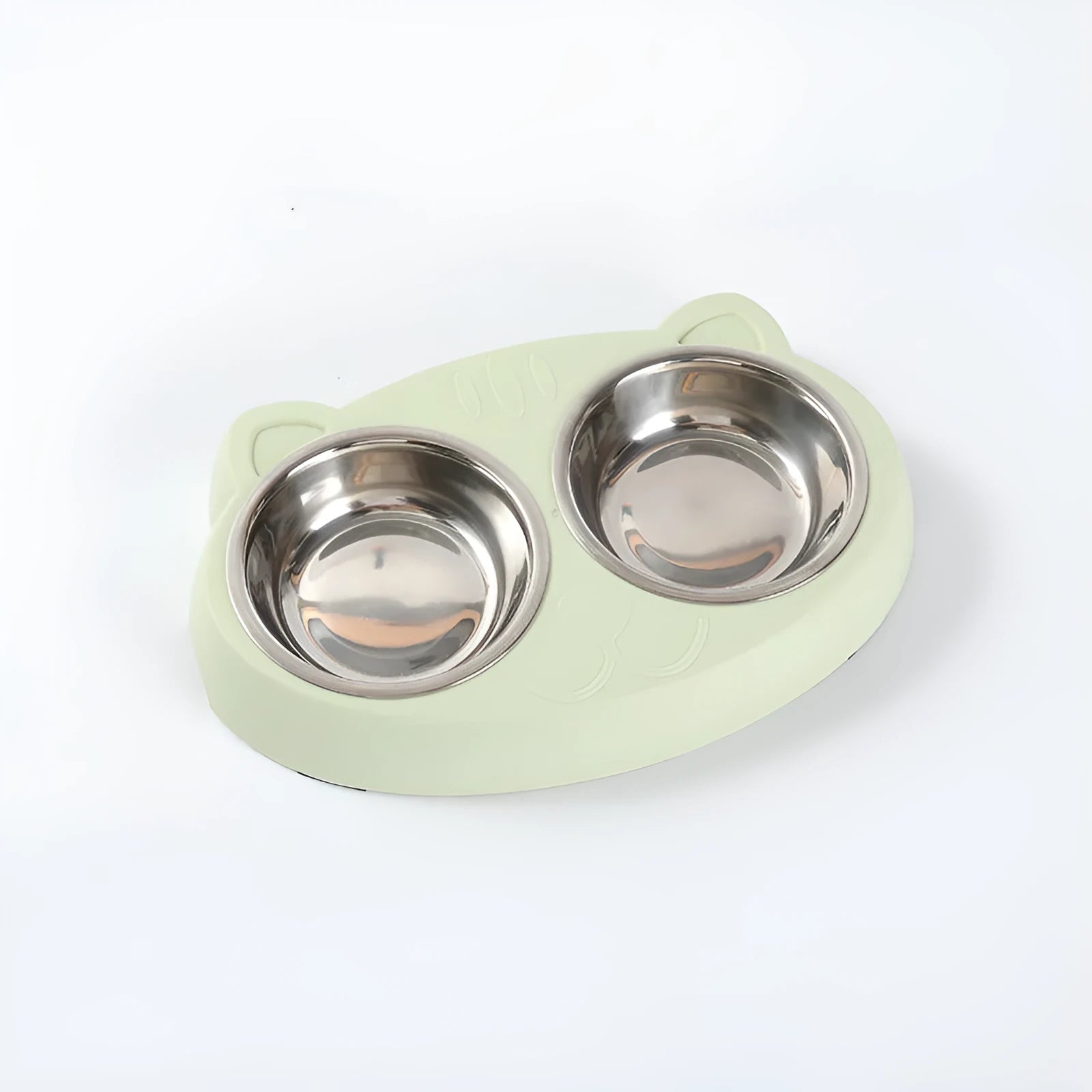 Blue plastic pet feeding tray with double bowl design and four compartments for cat or dog food and water