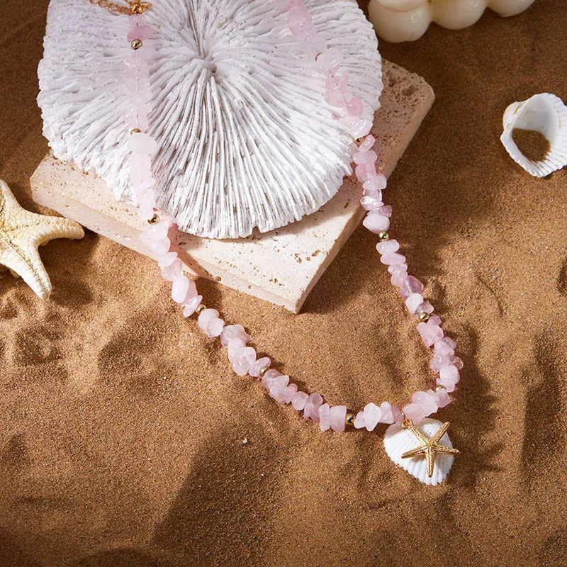 Small gravel starfish pendant necklace choker in pink and white alloy with stone inlay, bohemian geometric style for women