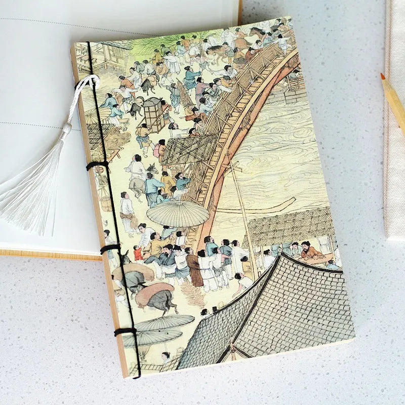 A5 antique wire-bound notebook with retro painting cover, wax rope binding, and tassels