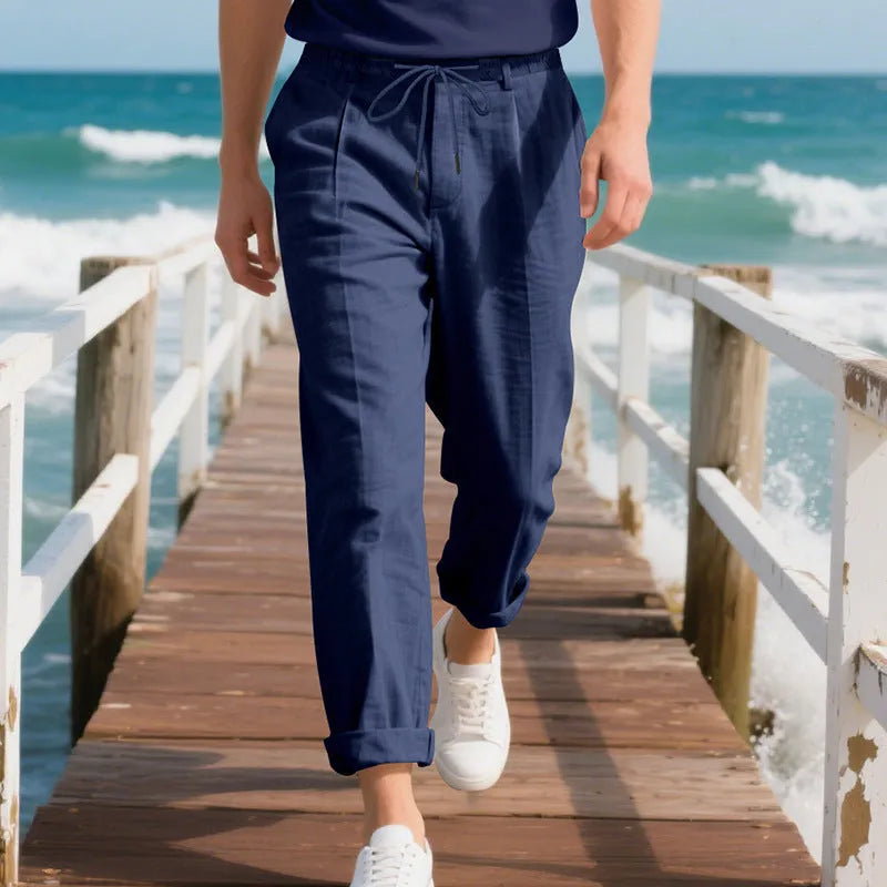 Men's linen straight leg trousers in army green with drawstring waist