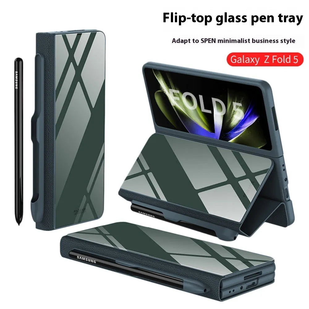 Imitation leather flip glass phone case for Samsung Galaxy Z Fold5 in Cold Mountain Gray colour