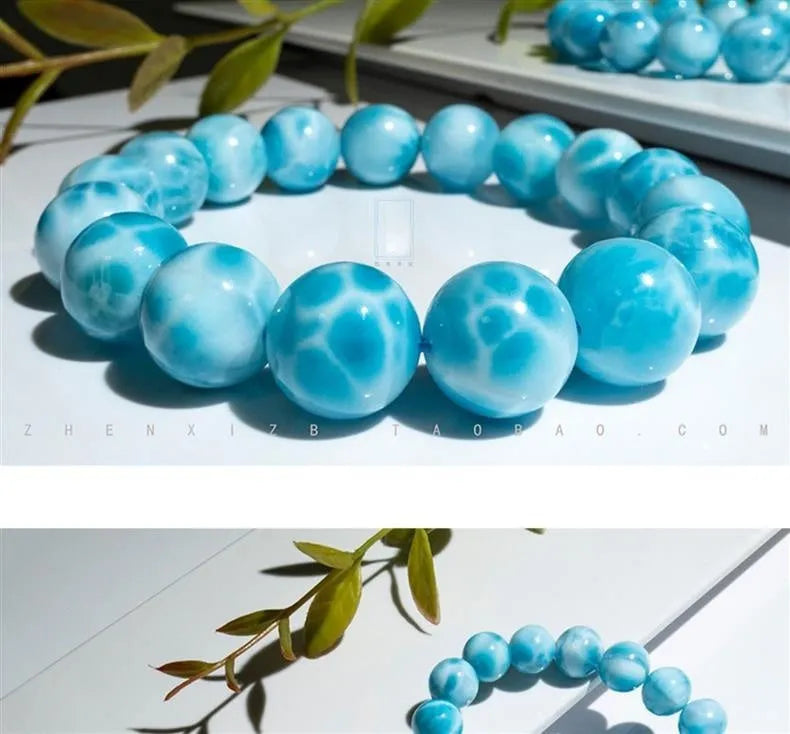 Blue bodhi bracelet with natural crystal sea-pattern stone and pearl accents in Maillard style arrangement